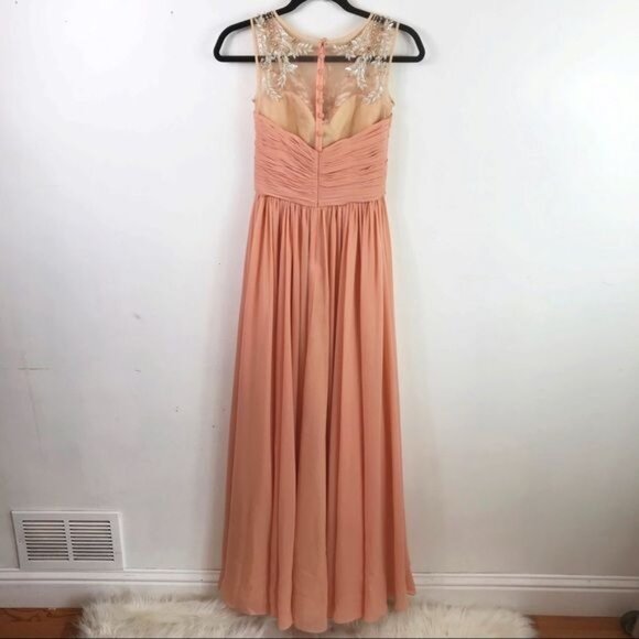 Franssical peach beaded gown with sheer panels & crew neck ruched dress 2 - Picture 5 of 11